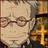 An icon of an older Shiro with a church window cross behind him