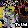 An icon of the main villains agreeing to work together with the text All Your City Are Belong to Us!