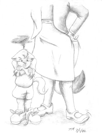 A pencil drawing of an angry young Chance standing beside his mother