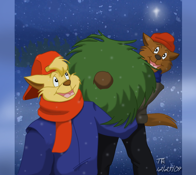Art of Chance and Jake carrying a fresh-cut Christmas tree