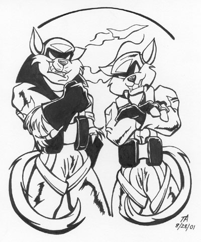 A black and white ink drawing of the SWAT Kats posing