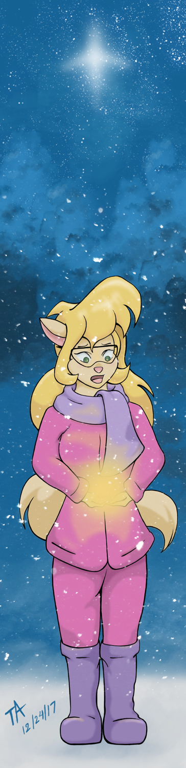 Art of Callie in winter clothes amid snowy trees and beneath a bright star