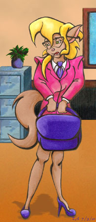 Art of Callie standing in her office with her briefcase looking tired