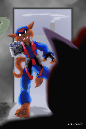 Art of Razor rushing in and aiming his glovatrix at Dark Kat