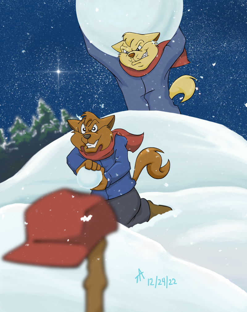 Art of Jake readying a snowball as Chance sneaks up on him from behind