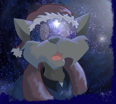 Art of Razor against a starry sky looking up with the Christmas star reflected in his helmet visor