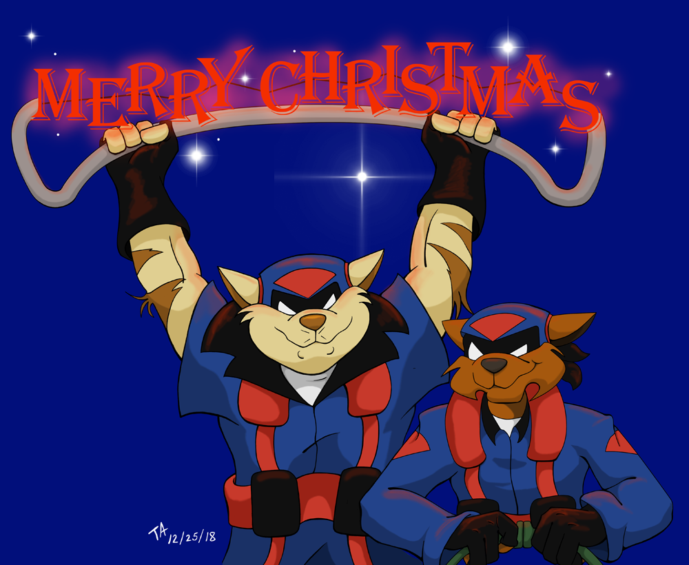 Art of the SWAT Kats hold up a lighted sign wishing everyone a Merry Christmas