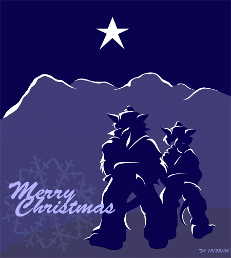 Art of the SWAT Kats in a flat two color art style looking up at the Christmas star