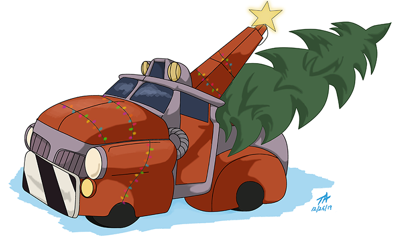 Art of Chance and Jake's tow truck decorated for Christmas