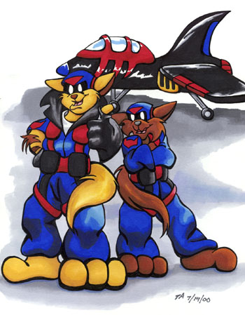 Art of the SWAT Kats in cute cartoon style posing in front of the TurboKat