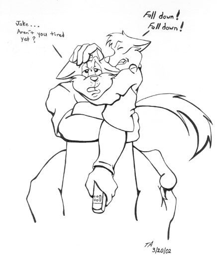 A black and white drawing of Jake trying to headlock a sitting Chance