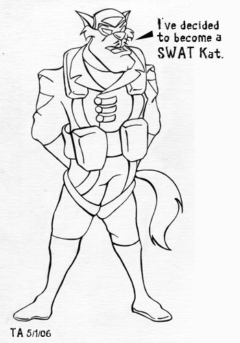 A black and white ink drawing of Feral dressed as a SWAT Kat