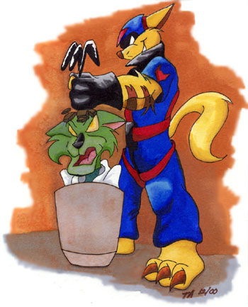 Art of T-Bone pulling Dr. Viper out of a plant pot by his hair