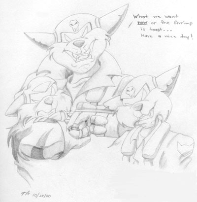 A pencil drawing of the Dark SWAT Kats holding Razor hostage