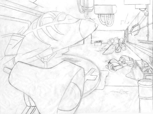A perspective pencil drawing of the SWAT Kats' hangar