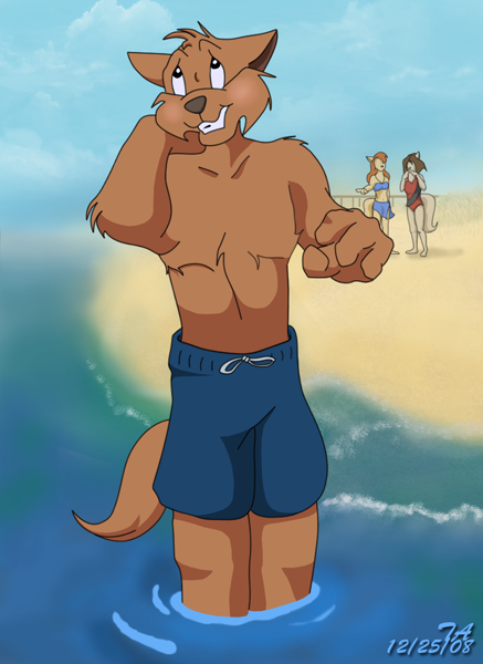 An image of Jake at the beach in his swim trunks
