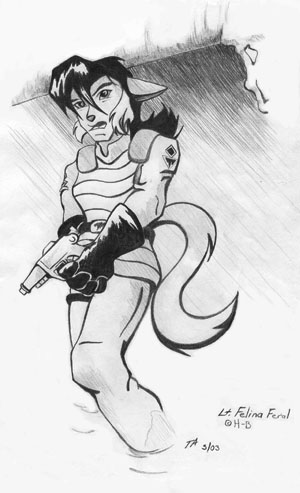 Black and white artwork of Felina exploring the sewers