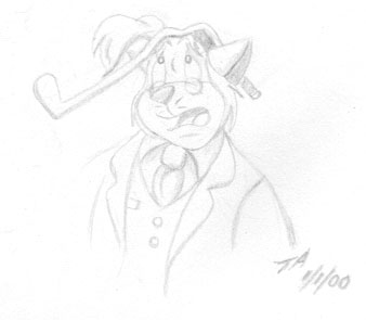 Pencil art of Mayor Manx with a golf club bent over his head