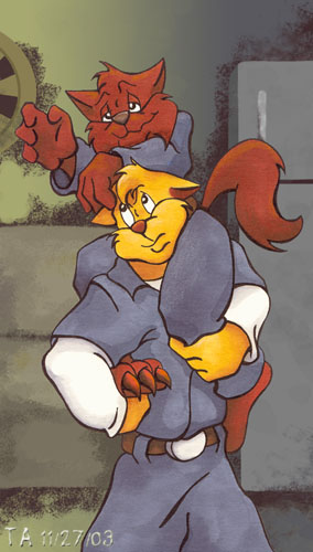 Jake perching on Chance's shoulders