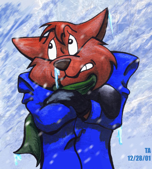 Art of Jake bundled up and shivering in the cold with snow around him