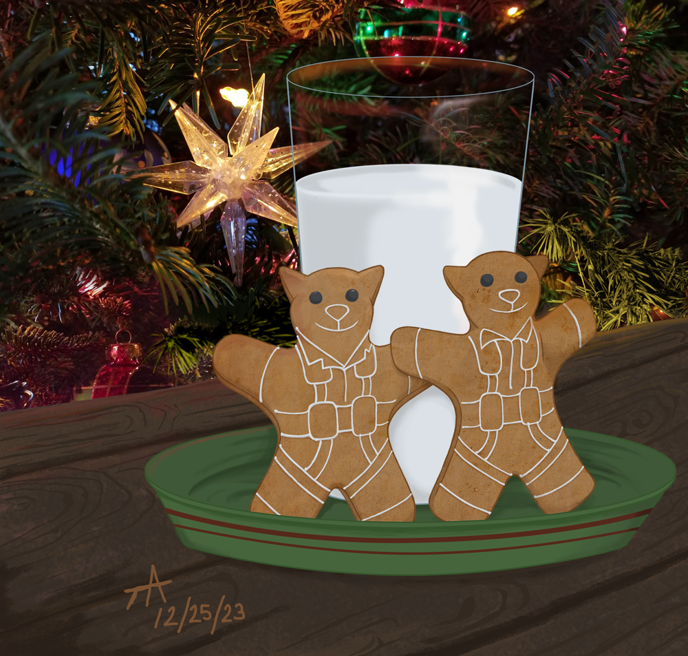 Art of gingerbread cookies shaped like the SWAT Kats set out with milk for Santa