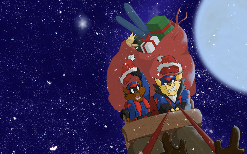 Art of the SWAT Kats flying Santa's sleigh loaded with presents