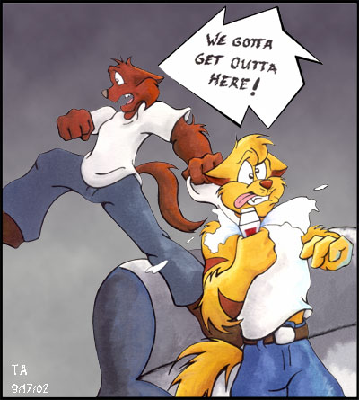 Art of Jake grabbing Chance by the shirt to pull him along and saying We gotta get outta here!