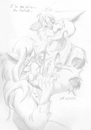 A pencil drawing of a battleworn Razor apologizing to Callie