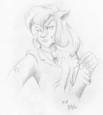 A pencil drawing of Callie with a more cat-like, comic book look